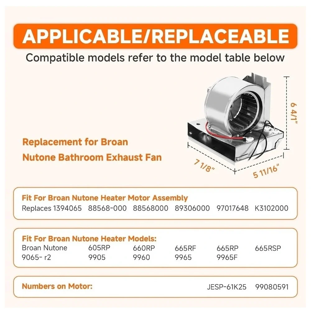 S97017648 Heater Motor Assembly for Broan NuTone 665RP, 605RP, 9965